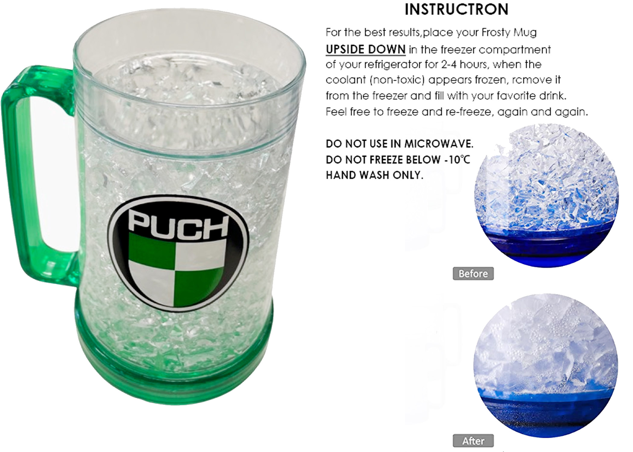 PUCH Beer mug / cup / frosty mug with logo - 450 ML double walled - Ideal on hot days and beer parties - place in the freezer 2 - 3 hours and the mug is ice cold (see attached instructions)  freezing gel 